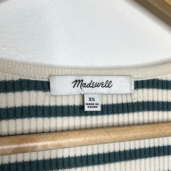 Madewell Ribbed Button Up Knit Top Cream Green Striped Womens XS Long Sleeve - Picture 4 of 7